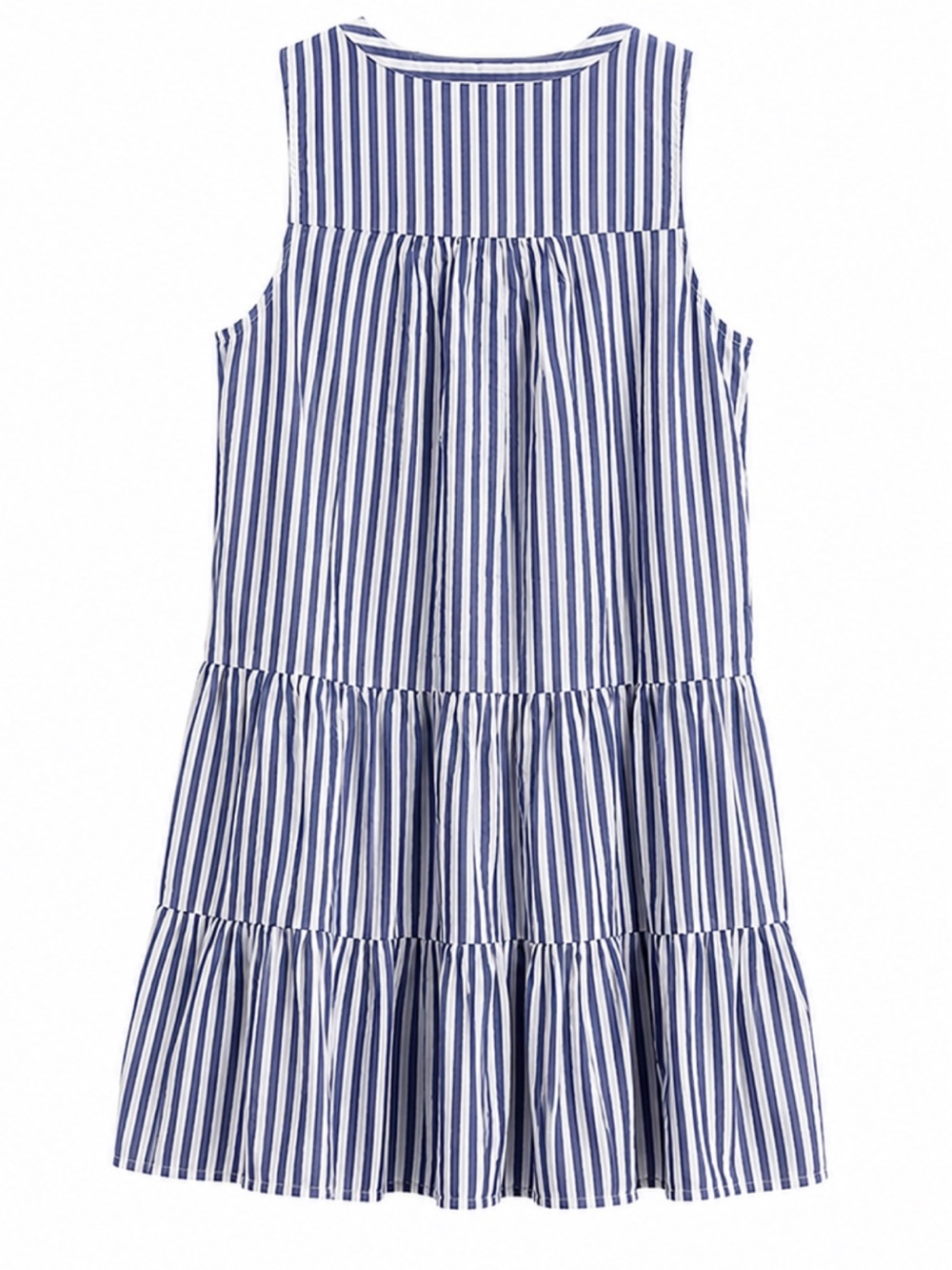 Pomander Place Blue & White Striped Tiered V-Notch Cotton Mini Dress Coastal - Picture 2 of 12